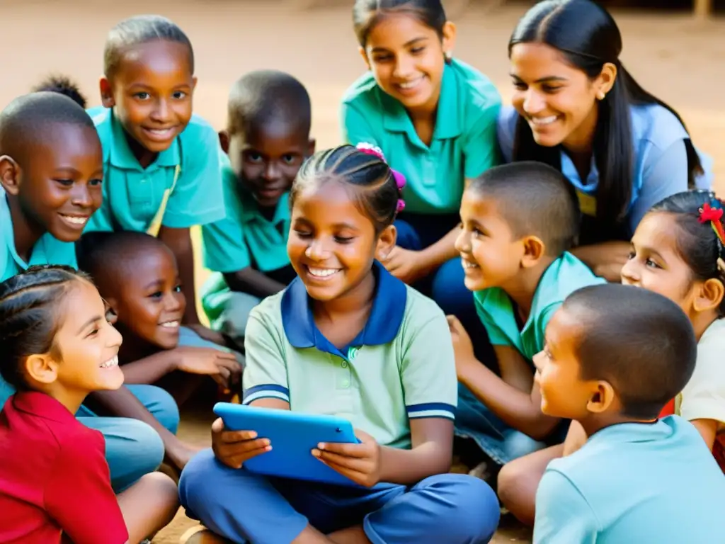 Maestra enseña con tablet a niños de comunidad desfavorecida, creando ambiente educativo vibrante