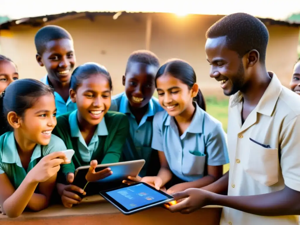 Maestra de ONG muestra experimento con tablet a estudiantes entusiasmados al atardecer, simbolizando tendencias tecnología educativa ONG