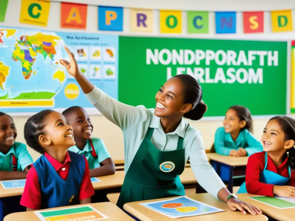 Maestra guía alegremente a niños en aula con actividades educativas y posters coloridos