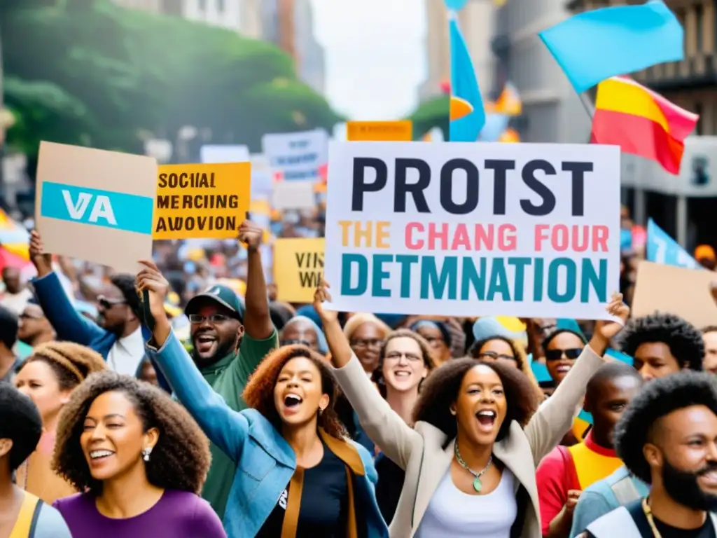 Manifestación en la ciudad con pancartas coloridas y gente unida, reflejando el activismo social en Twitter para el cambio y la inclusión