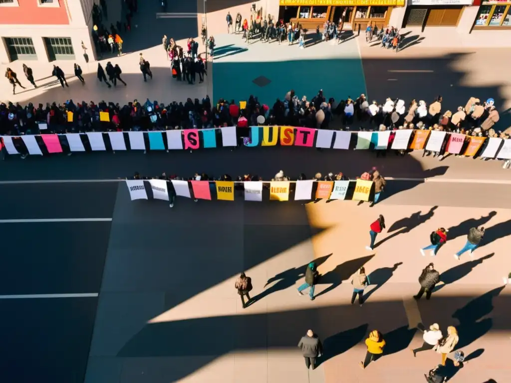 Una manifestación en una plaza llena de diversidad, con carteles coloridos y mensajes de justicia social