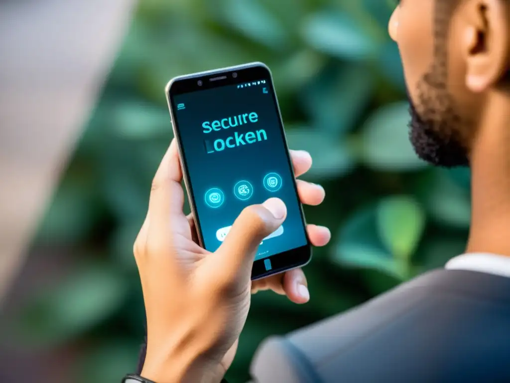 Mano segura sostiene smartphone con pantalla de seguridad activa Una mano sostiene con confianza un smartphone con pantalla de bloqueo seguro, evocando seguridad dispositivos móviles ONG