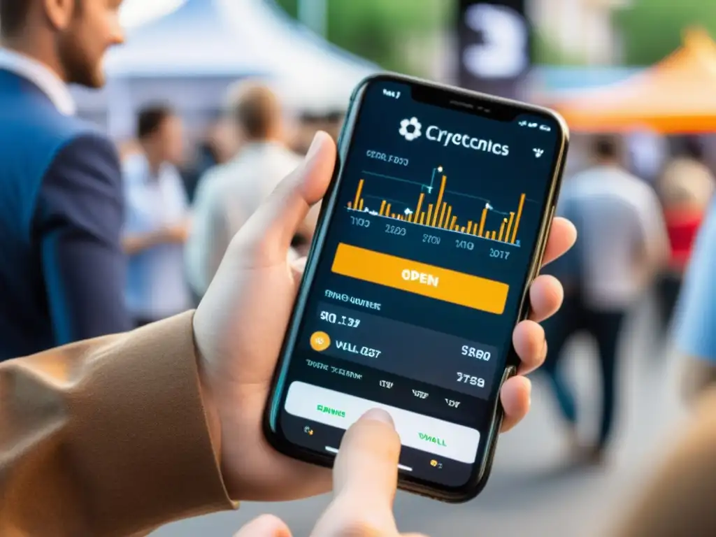 Mano sostiene smartphone con app de billetera de criptomonedas, en evento de recaudación con integración de criptomonedas