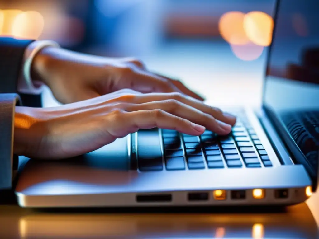 Mano escribiendo en teclado de laptop, ambiente profesional y seguro