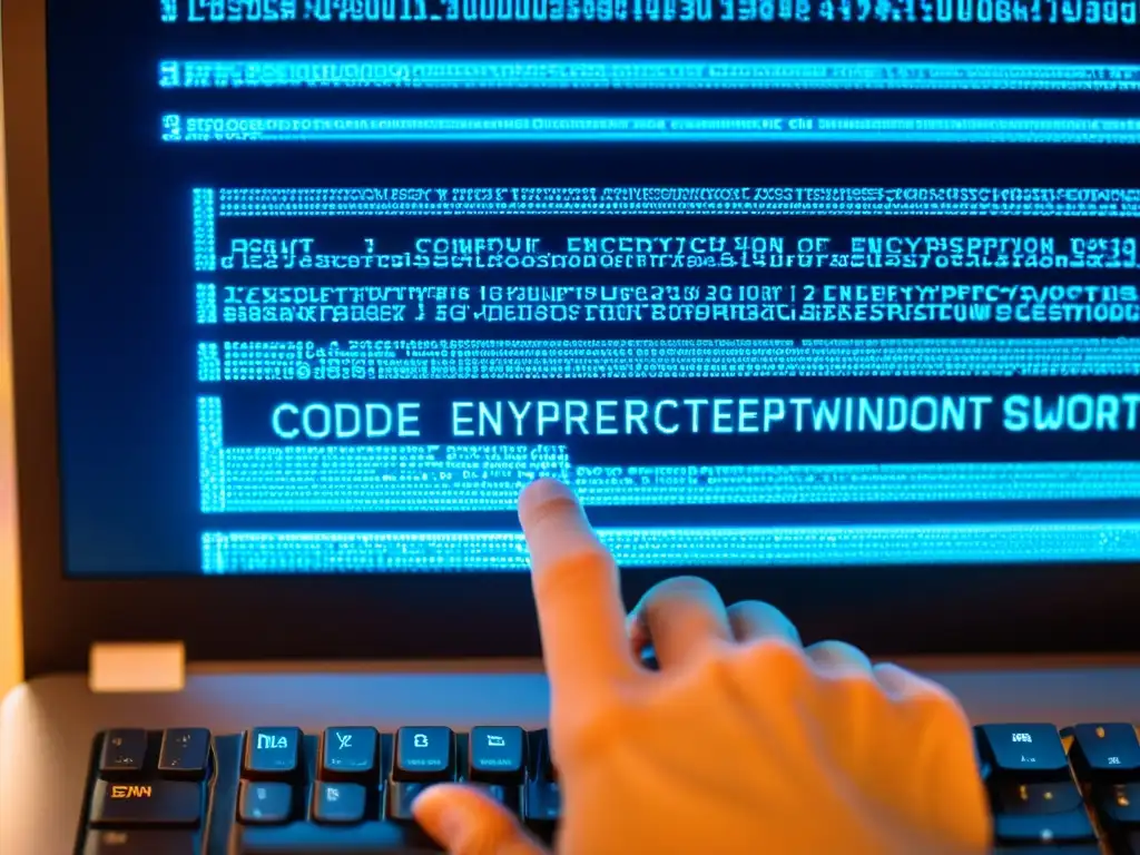Mano sobre teclado, código y encriptación de datos para ONGs en pantalla, ambiente profesional y enfocado
