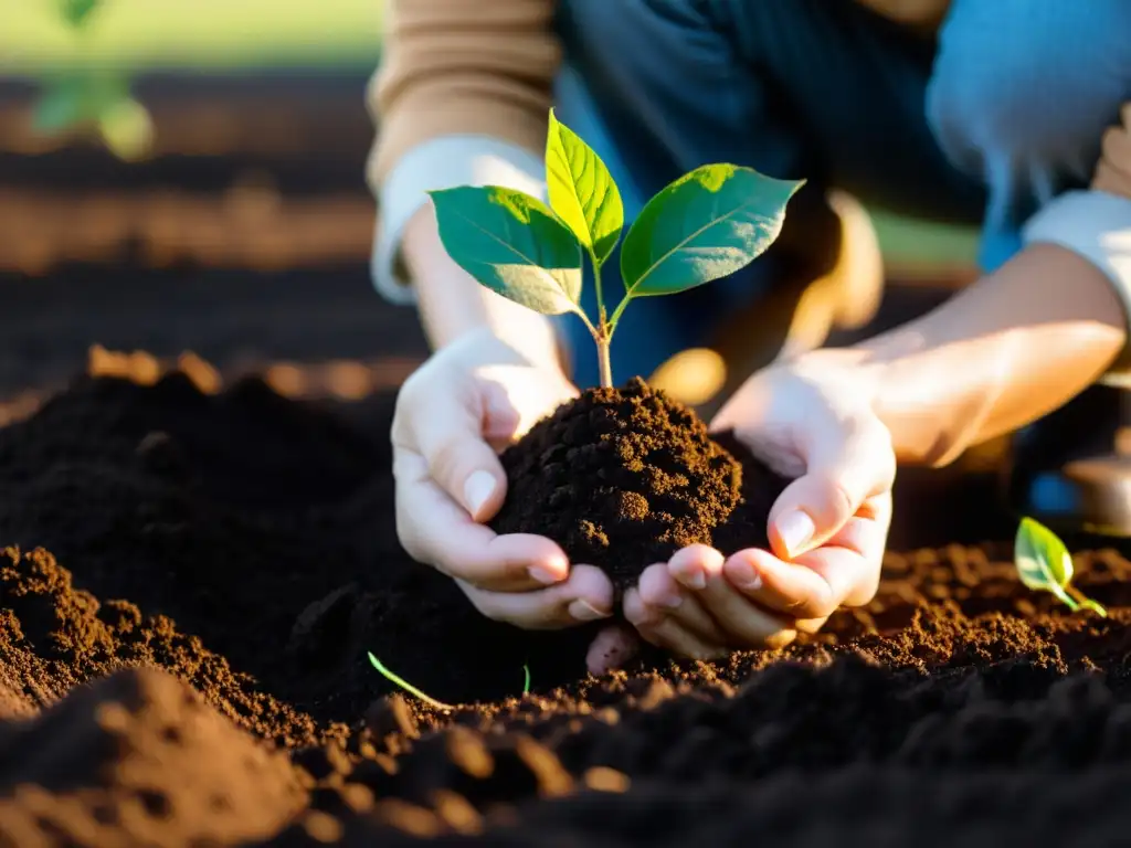 Manos plantando árbol joven en tierra oscura, con sol cálido