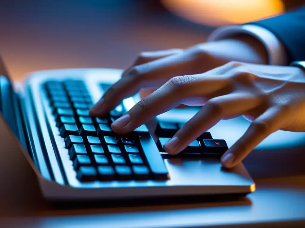 Manos dedicadas tecleando en un teclado iluminado, transmitiendo determinación y enfoque en la encriptación de datos para ONGs