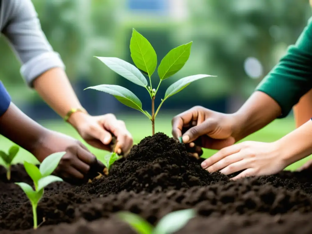 Manos diversas trabajan juntas para plantar árboles, simbolizando la sostenibilidad en proyectos comunitarios