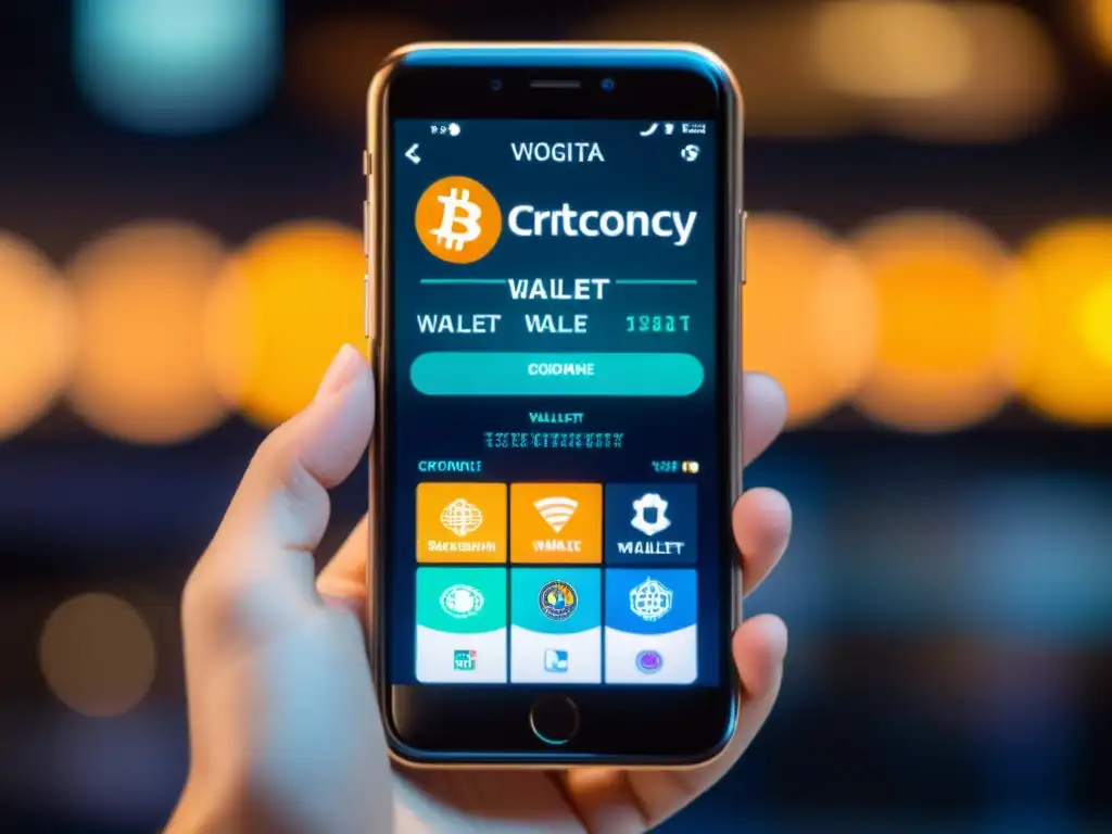 Manos sujetando smartphone con billetera digital y criptomonedas