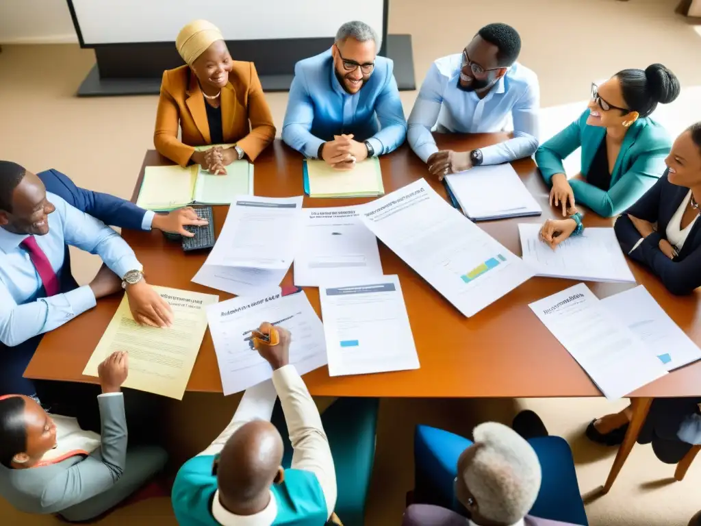 Representación gráfica de las mejores prácticas en gestión de stakeholders para ONGs: reunión colaborativa con participación diversa y activa