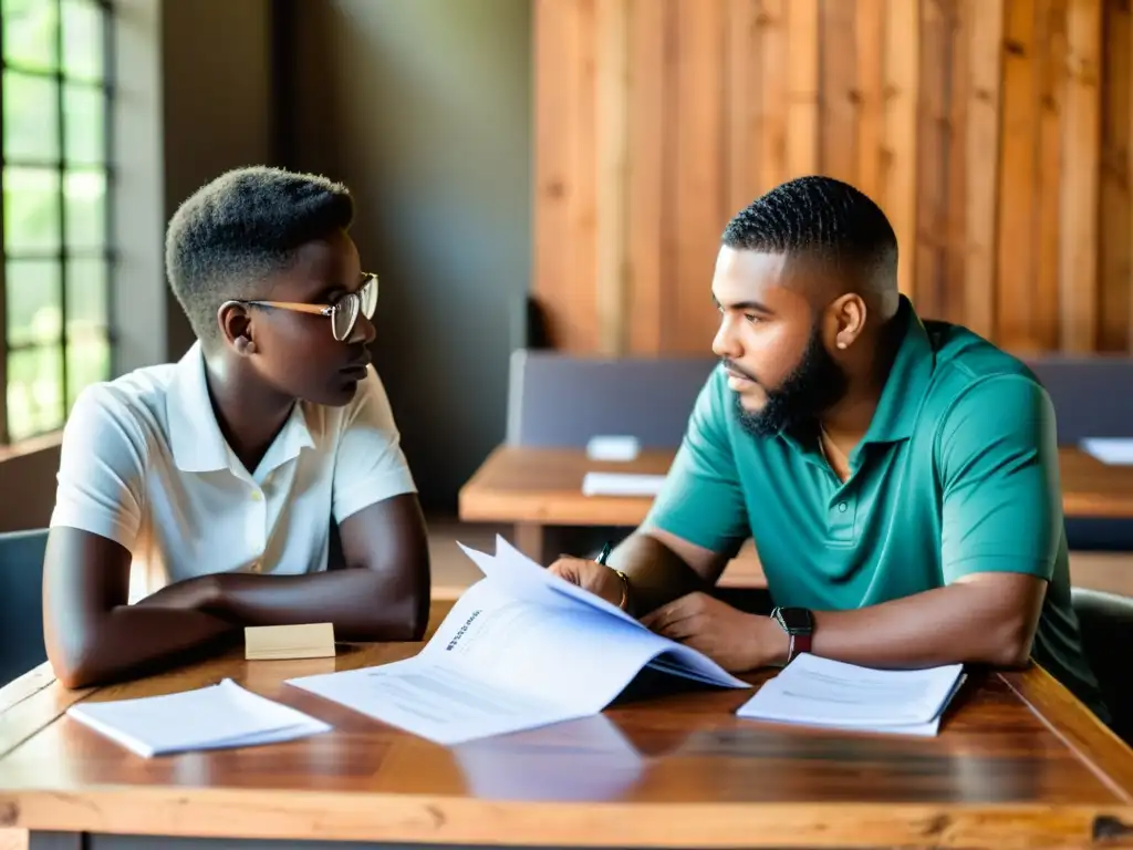 Un mentor experimentado guía a un joven líder de ONG en una auténtica sesión de trabajo