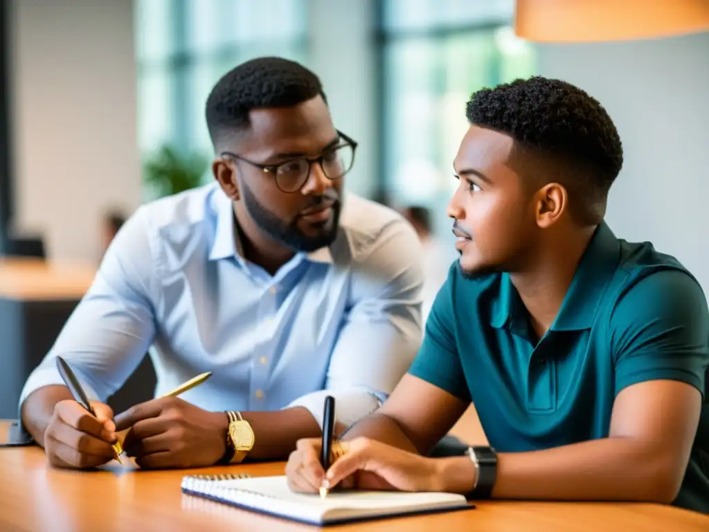 Una mentoría inspiradora en ONGs: un mentor experimentado guía a un joven con determinación en una oficina acogedora y profesionalmente iluminada