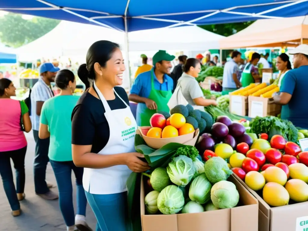 Un mercado bullicioso con puestos de frutas y verduras frescas, clientes y vendedores charlando animadamente