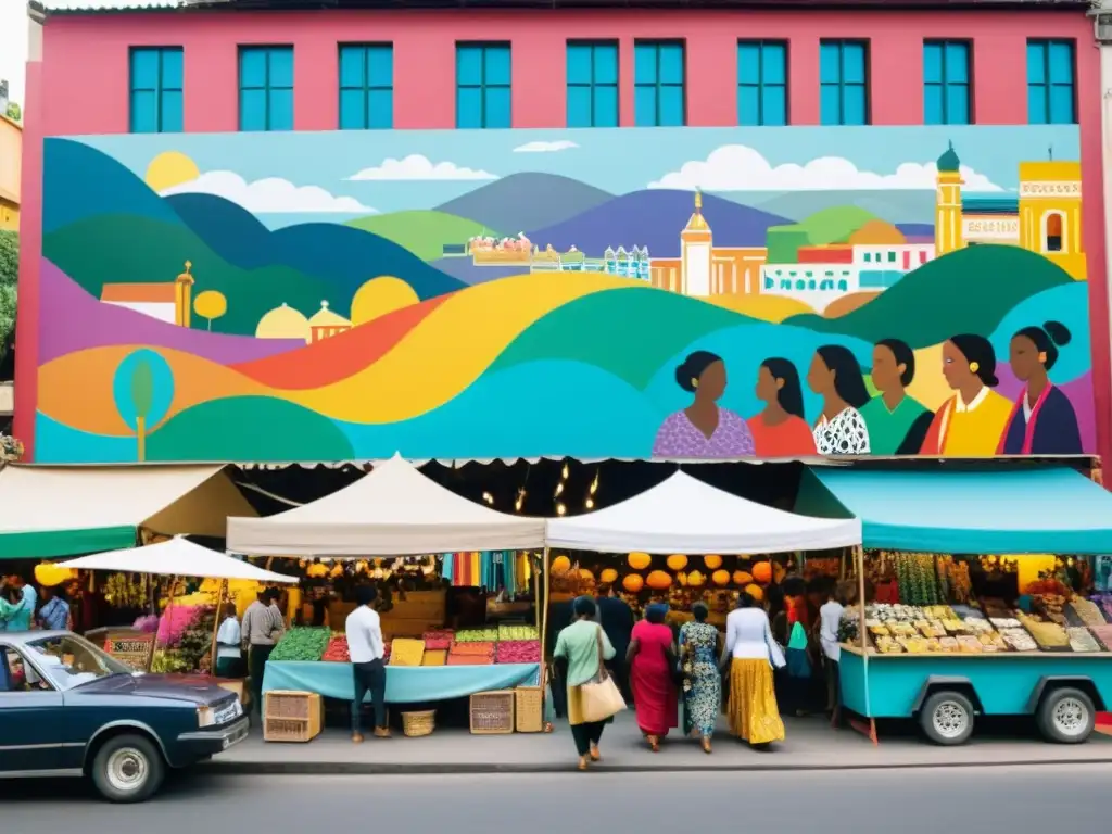 Mercado callejero vibrante en una ciudad cultural, con artistas locales y obras de arte coloridas