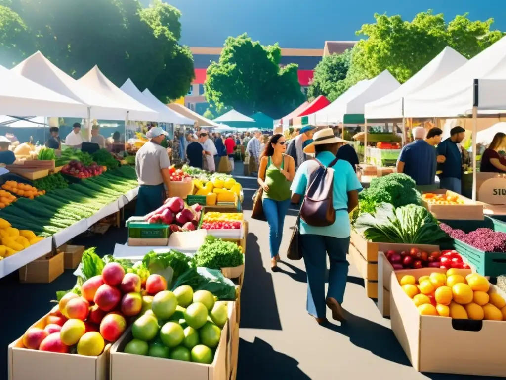 Mercado agrícola lleno de productos frescos y coloridos, con una comunidad diversa y vibrante