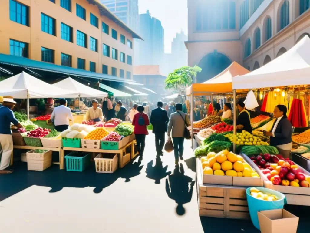 Un mercado vibrante con conexiones entre empresas y economía solidaria, donde la diversidad se refleja en colores y conversaciones animadas