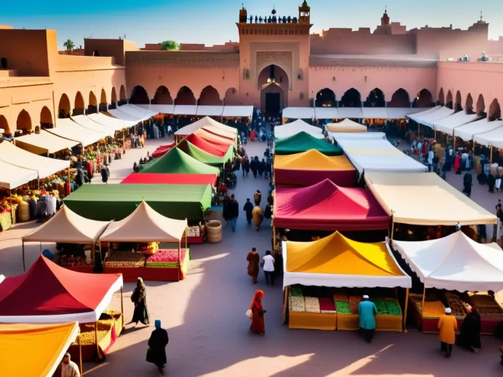 Mercado vibrante en Marrakech con diversidad de personas y cultura, reflejando la complejidad de adaptar mensaje ONGs audiencias globales