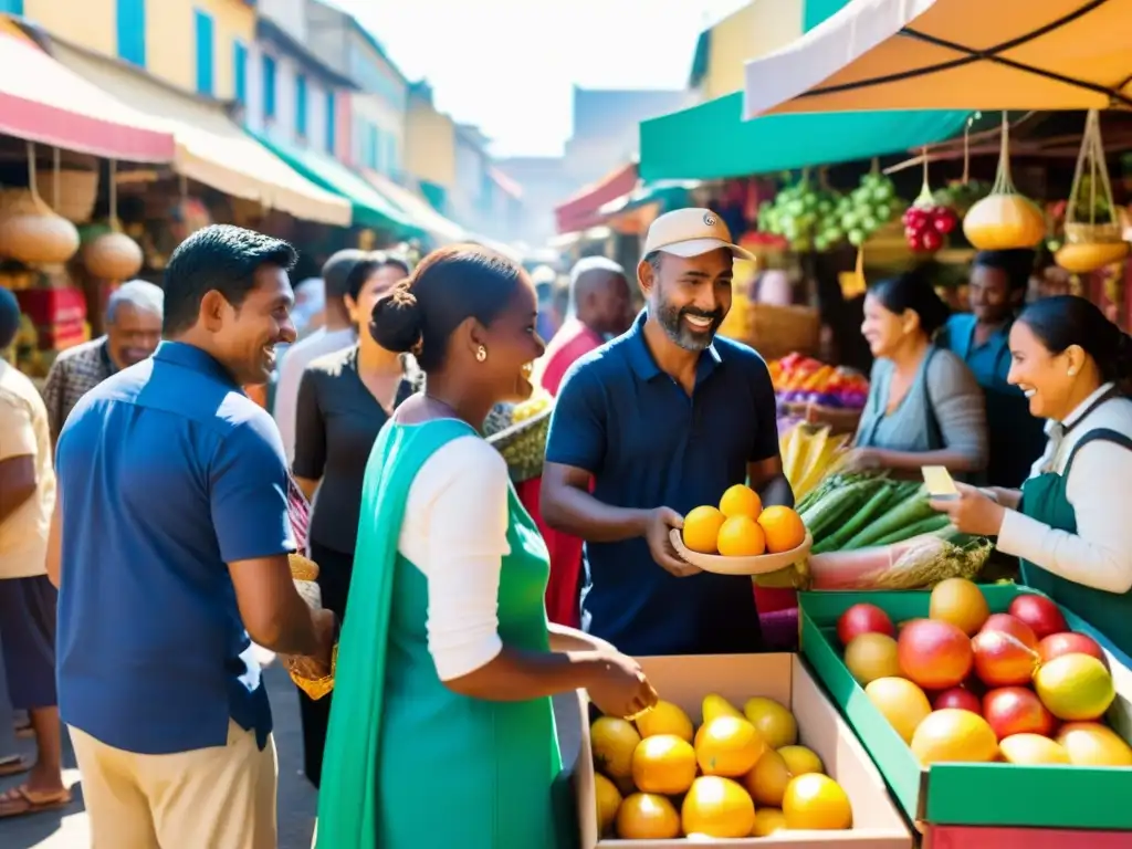 Un mercado vibrante donde personas de diversas culturas intercambian bienes y servicios