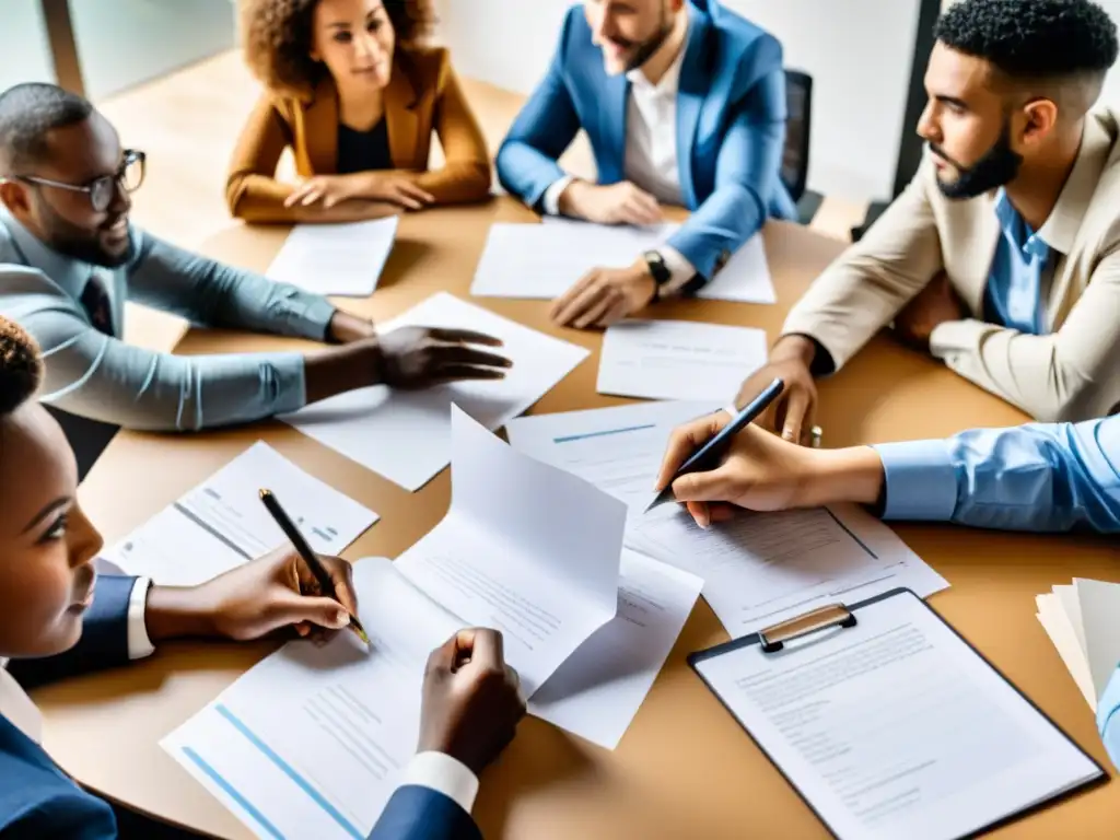 Una mesa de trabajo con personas de diferentes edades, géneros y culturas colaborando en un ambiente cálido y creativo