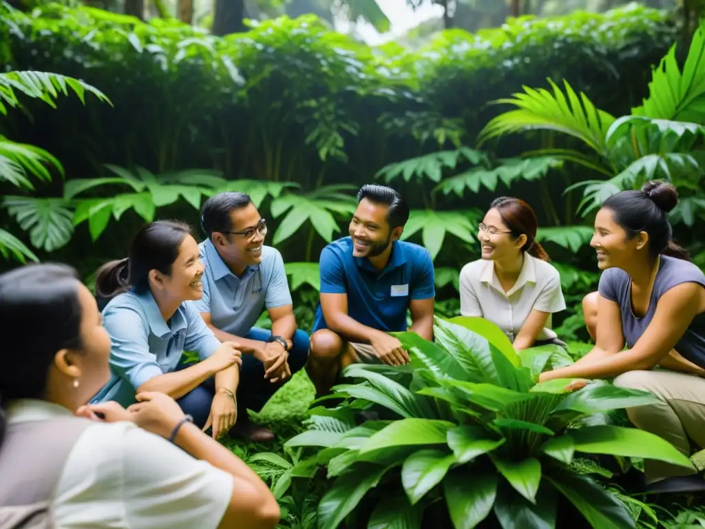 Miembros de ONG comprometidos en capacitación sostenible entre exuberante vegetación, demostrando integración sostenibilidad capacitación ONGs