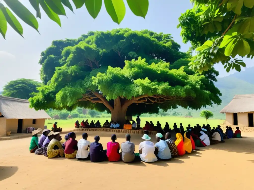 ONGs y miembros de la comunidad colaboran bajo un árbol, planificando estrategias de adaptación al cambio climático en un entorno rural vibrante