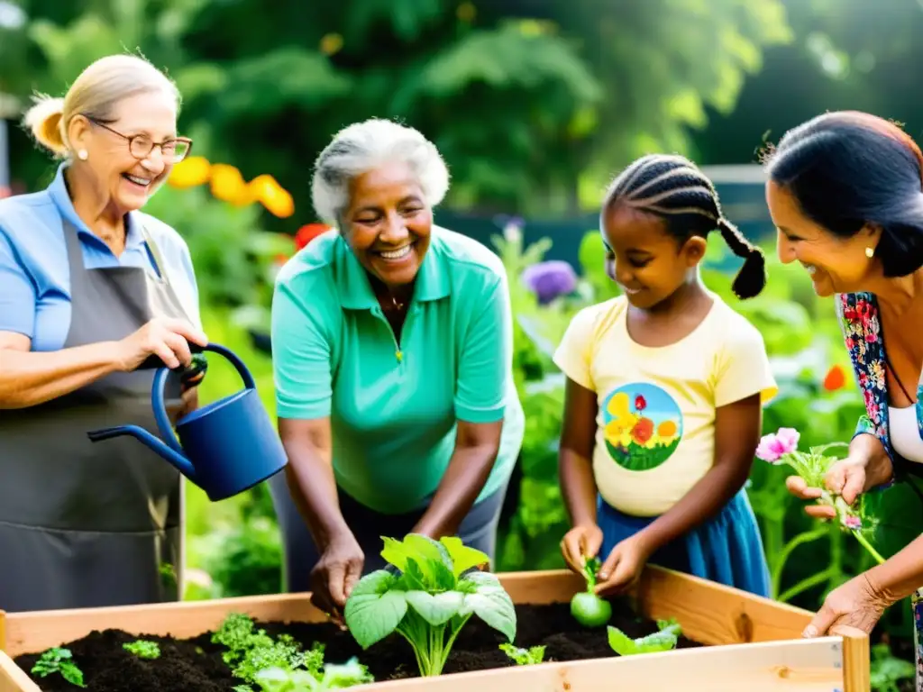 Miembros de la comunidad de todas las edades se reúnen en un jardín vibrante, participando en actividades de jardinería