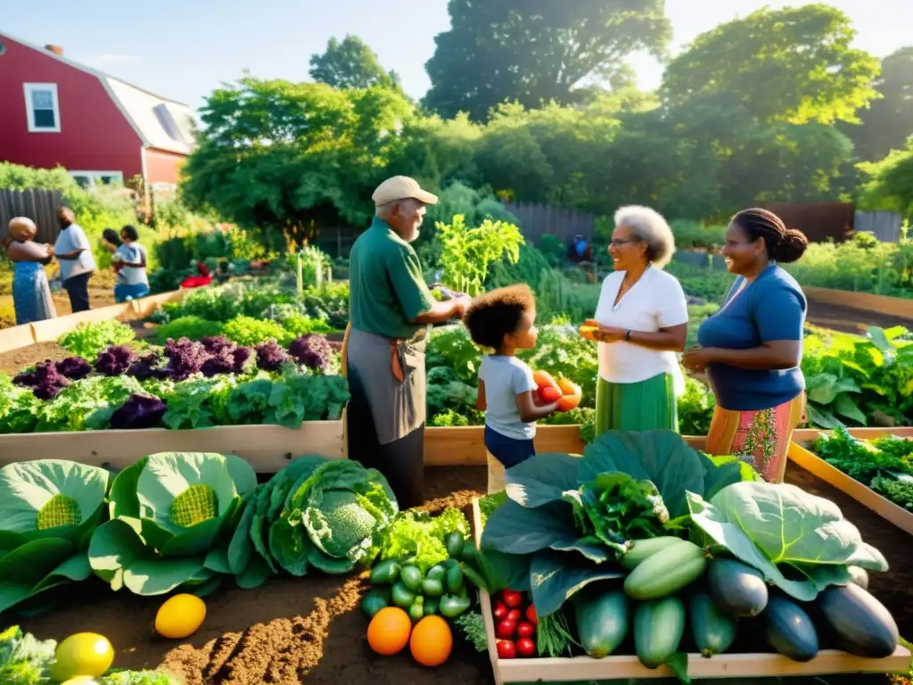 Miembros de la comunidad cuidando juntos un jardín comunitario, reflejando el desarrollo sostenible