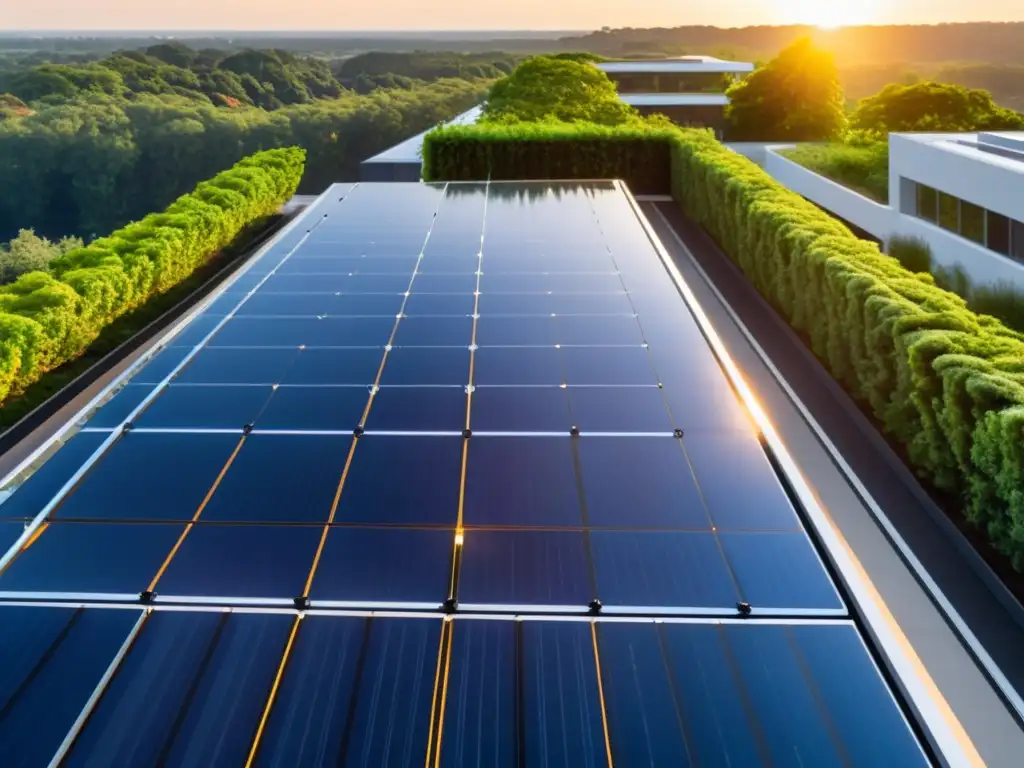 Un moderno edificio de oficinas con paneles solares brillantes en el techo, capturando la fusión de tecnología y naturaleza para ONGs