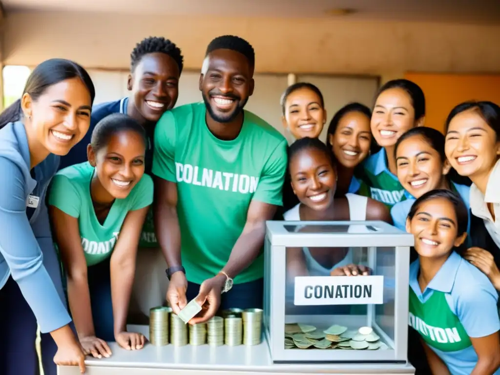 Un momento conmovedor en una ONG: voluntarios y beneficiarios sonríen alrededor de un punto de recolección de donaciones