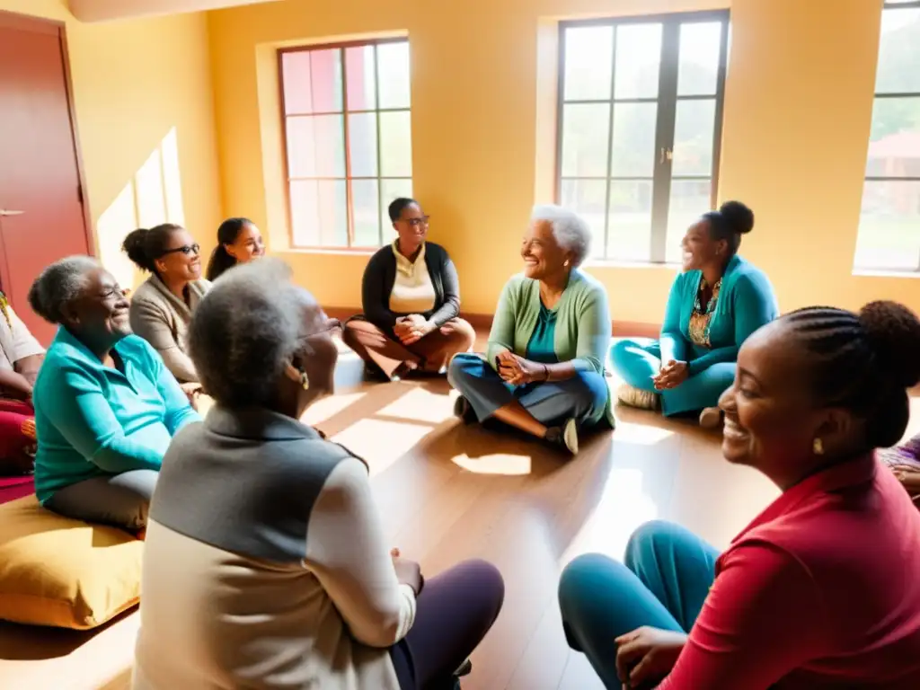 Una mujer mayor sonriente comparte sabiduría con diversa comunidad en círculo, fortaleciendo lazos comunitarios en ONG