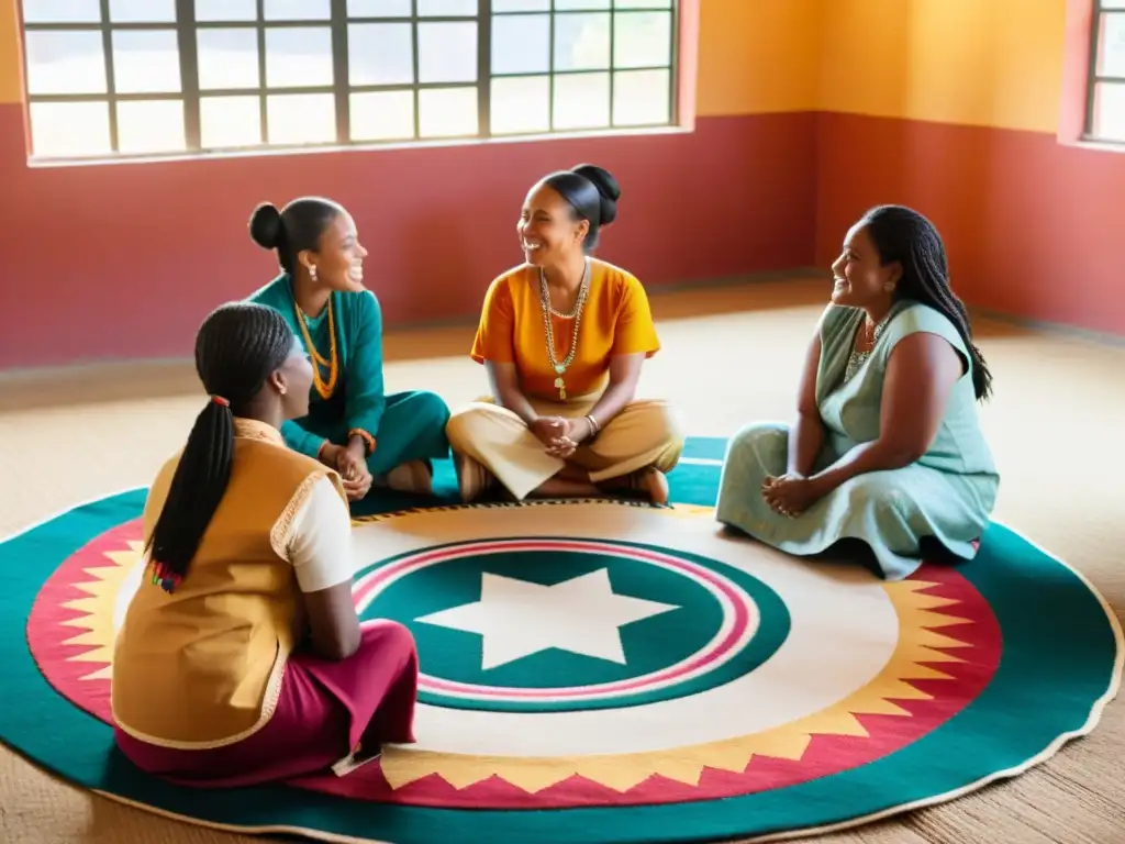 Mujeres empoderadas en una colorida reunión en un centro comunitario, mostrando la importancia de la capacitación para mujeres en ONG