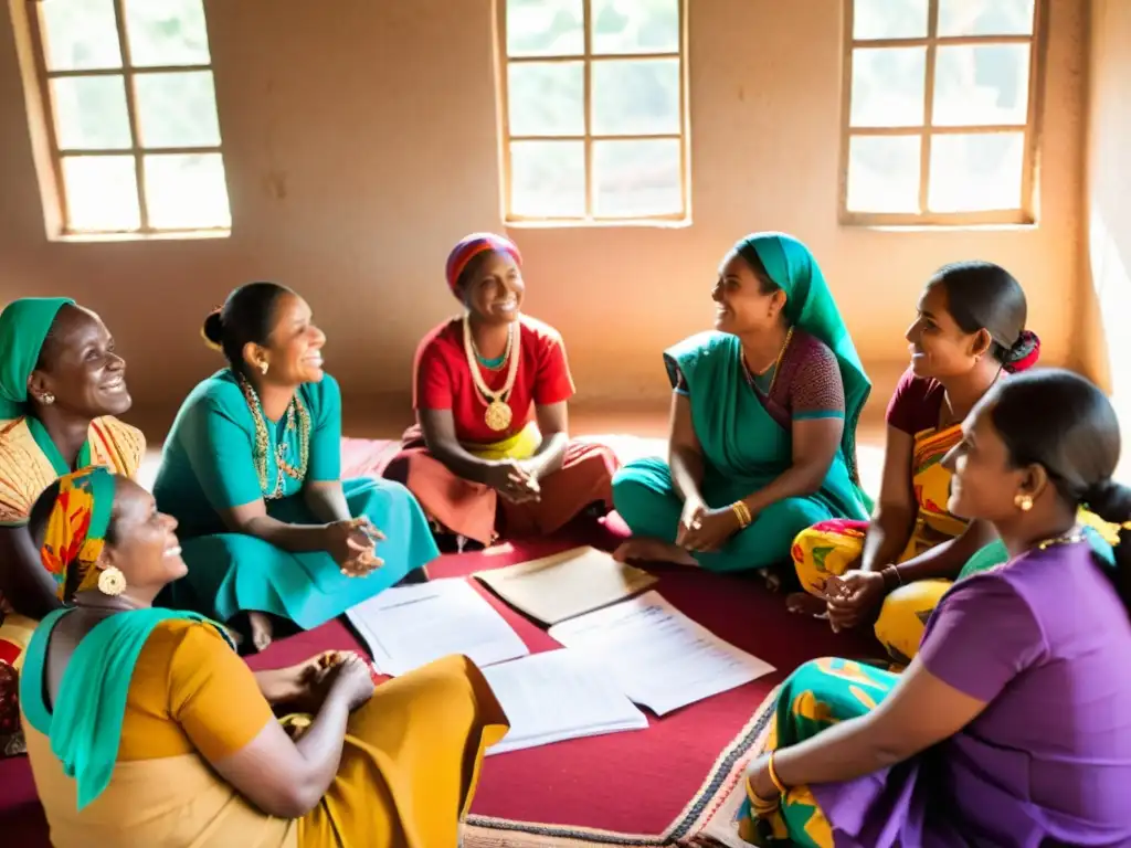 Mujeres en reunión de microfinanzas, discutiendo alternativas financieras para ONGs en un ambiente de empoderamiento y colaboración