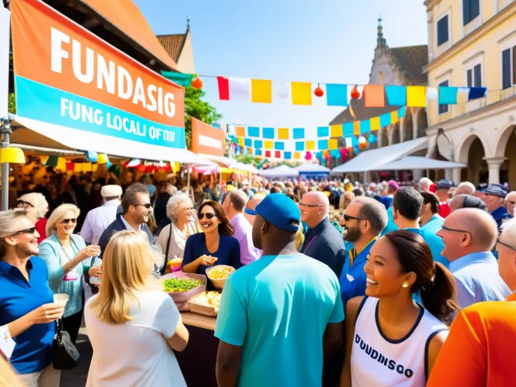 Multitud animada en evento de recaudación de fondos para ONGs en plaza de la ciudad, con carteles coloridos y ambiente festivo