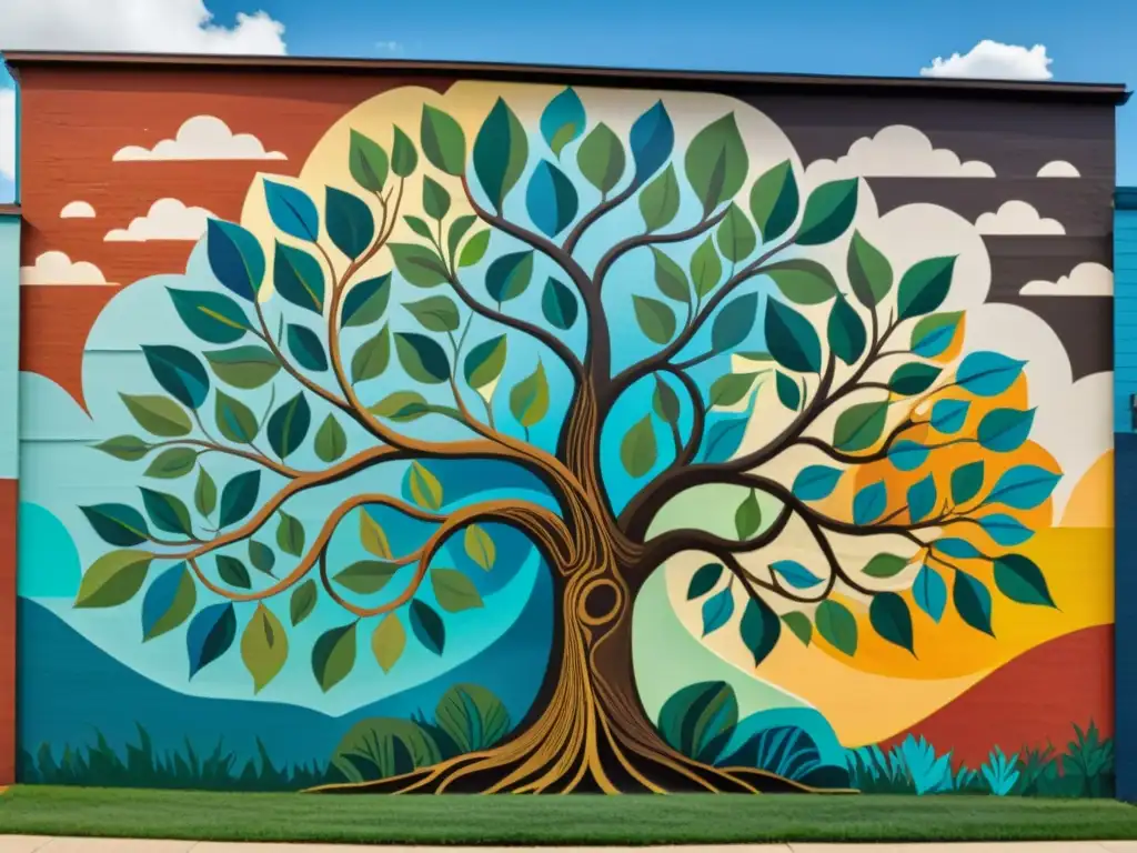 Un mural vibrante muestra un árbol con raíces profundas y ramas que representan apoyo comunitario