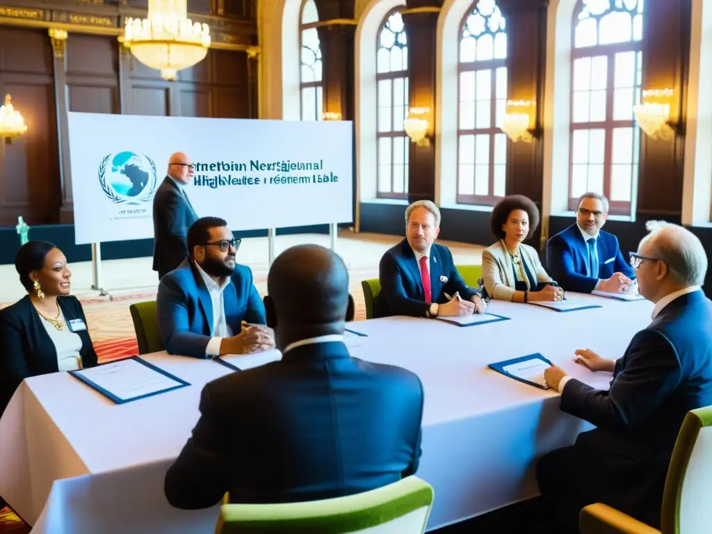 Negociaciones internacionales con representantes de ONGs debatiendo en una sala grandiosa