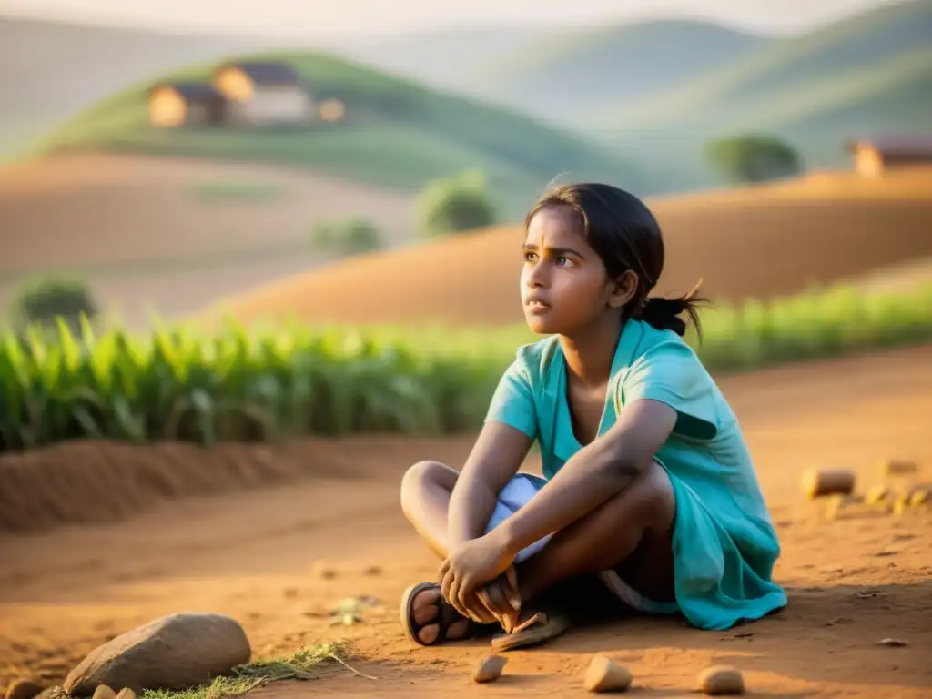 Una niña en una aldea rural escucha con asombro una historia cautivadora contada por miembros de una ONG al atardecer