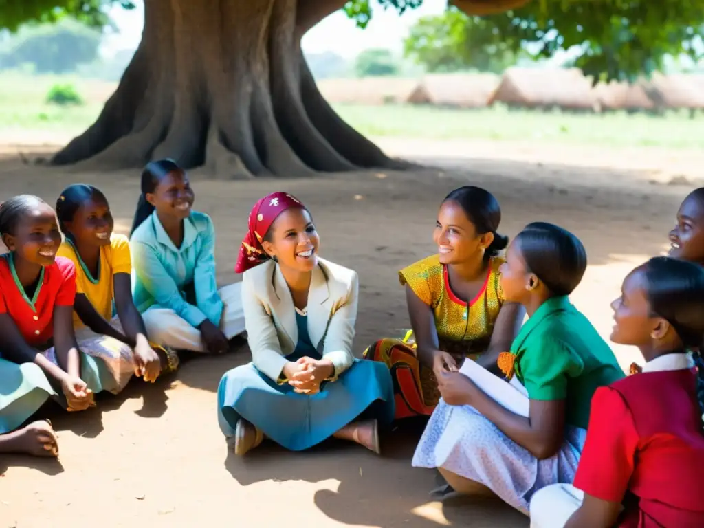 Niñas empoderadas por ONGs líderes en igualdad de género, participan animadamente en una charla bajo un árbol en comunidad rural del Tercer Mundo