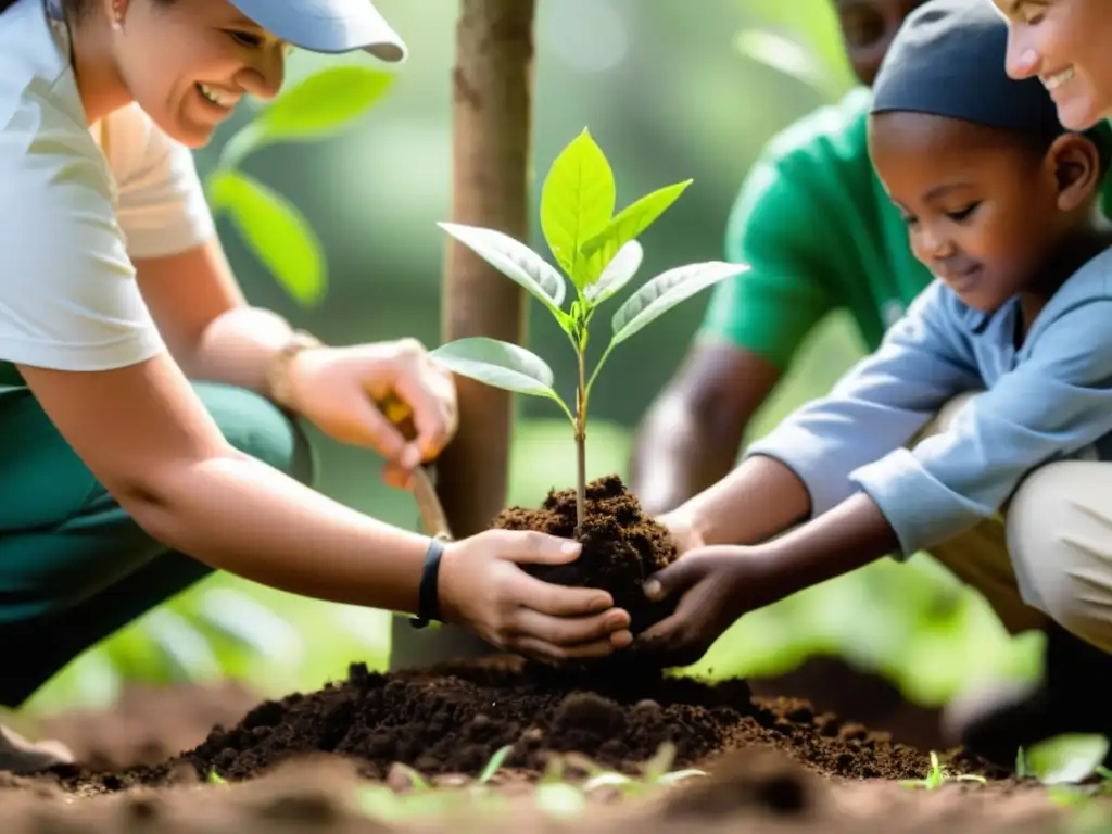 Un niño planta un árbol con la ayuda de un voluntario en un proyecto de reforestación, irradiando esperanza y unión