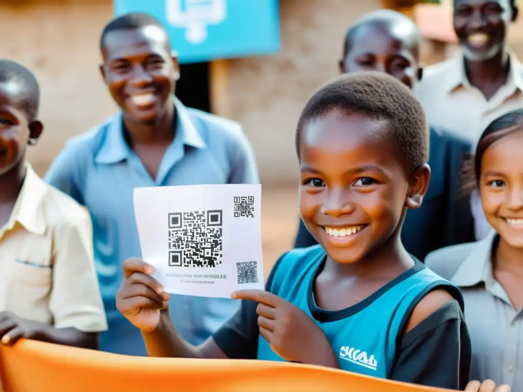 Niño sonriente en aldea rural muestra QR de criptodonaciones para proyectos sociales, rodeado de comunidad esperanzada