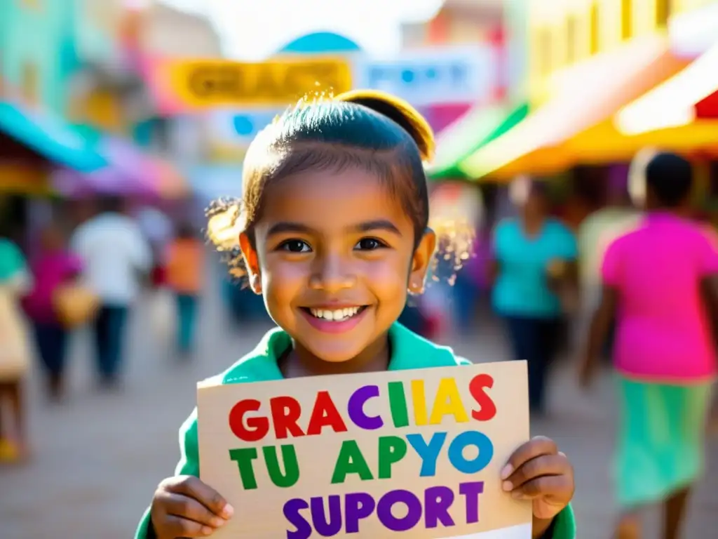 Niño sonriente sosteniendo cartel 'Gracias por tu apoyo' en mercado vibrante