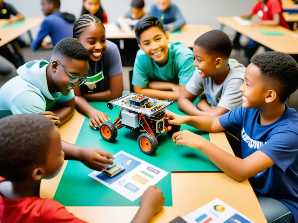 Niños y adolescentes construyendo y programando un robot en entorno educativo de robótica para ONGs, colaborando con entusiasmo