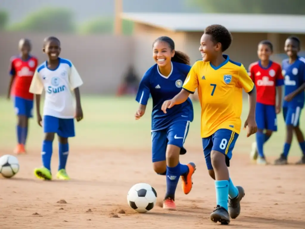 Niños y adolescentes con uniformes de fútbol sonríen mientras juegan en un campo polvoriento