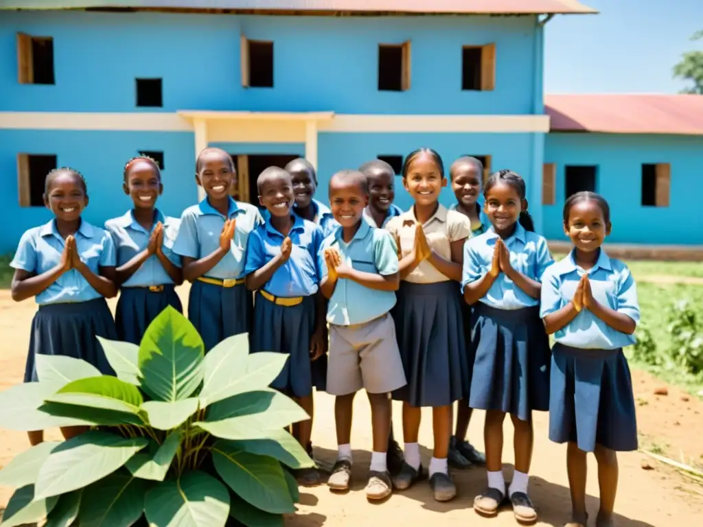 Niños y adultos sonrientes de una comunidad rural frente a una nueva escuela, rodeados de vegetación exuberante y cielo azul