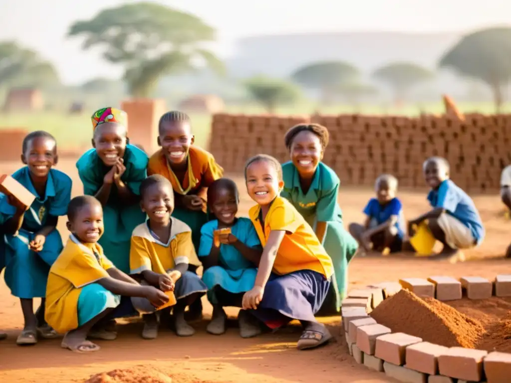 Niños africanos juegan mientras ONGs construyen escuela, en un campo al atardecer, irradiando esperanza y cooperación internacional