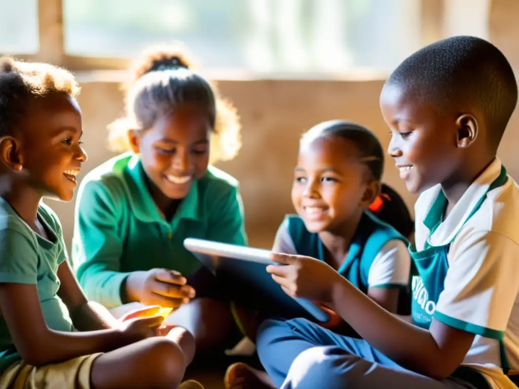 Niños de una comunidad desfavorecida aprenden con entusiasmo usando tecnología educativa en un aula de ONG