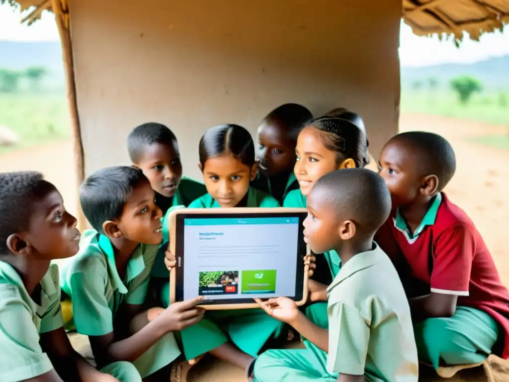 Niños de una comunidad rural aprenden con aplicaciones de inteligencia artificial en ONGs, con esperanza y progreso en sus rostros