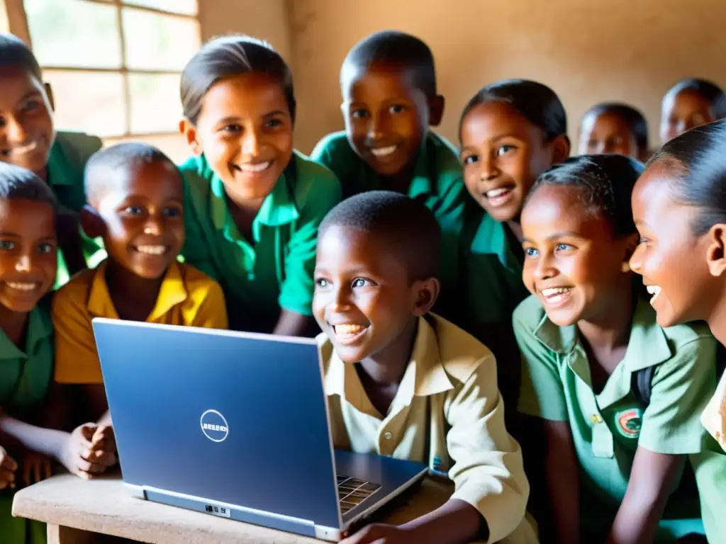 Niños de una comunidad rural participan entusiasmados en un programa educativo interactivo con una laptop solar