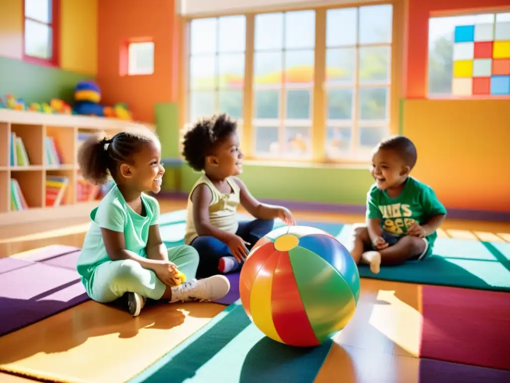 Niños de diversas culturas juegan y aprenden en un centro educativo inclusivo y vibrante, fomentando el Desarrollo Infantil en ONGs