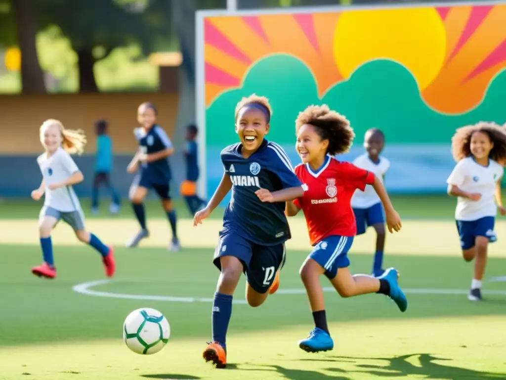 Niños de diversas culturas juegan fútbol en un parque urbano, mientras ONGs impulsan actividad física y diversidad