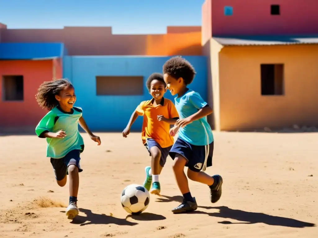 Niños diversos sonríen y juegan fútbol en un campo urbano